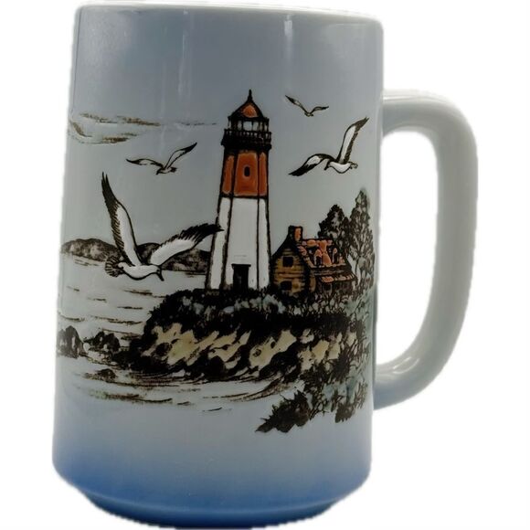 Vintage engraved lighthouse, seagull mug unmarked - Picture 1 of 6